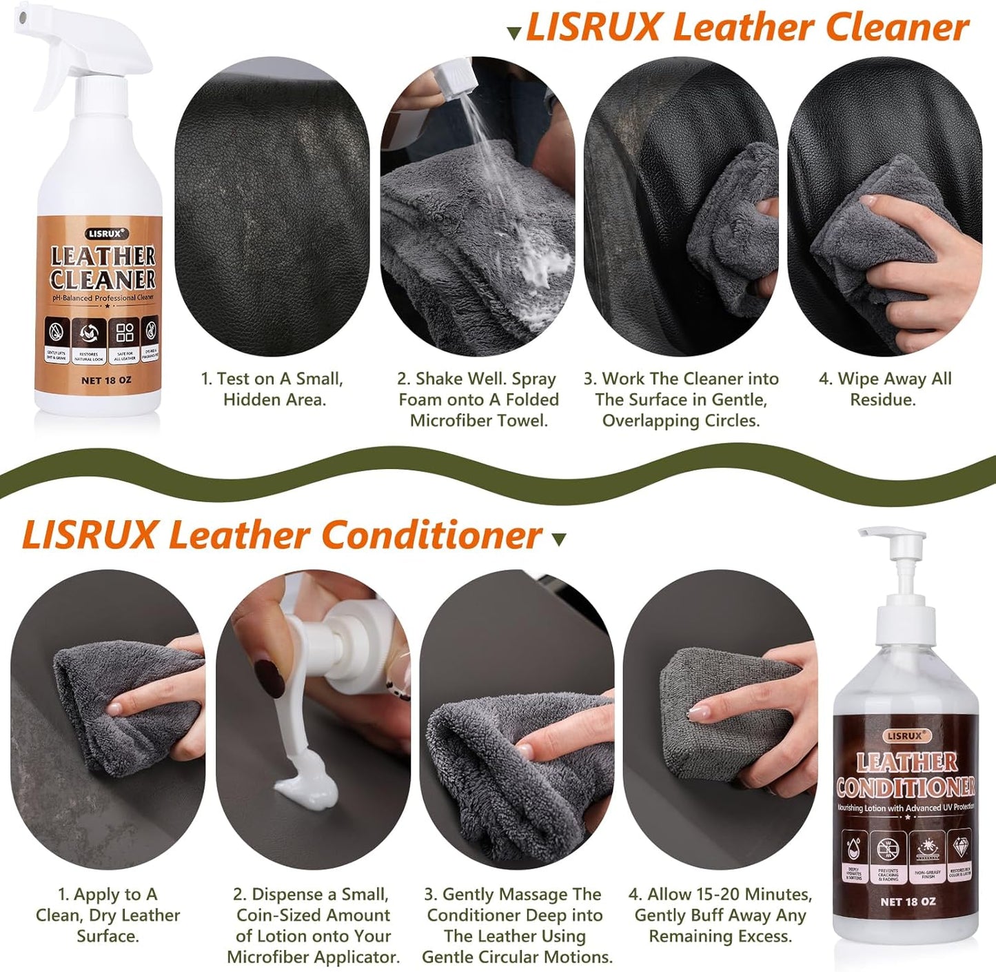2-in-1 Leather Cleaner and Conditioner,16.9 oz,2 Pack,Car Cleaner and Conditioner for White & Black Vegan Leather,Safely Cleans & Conditions Leather Car Interiors,Furniture,Shoes,Boots,Bags & More