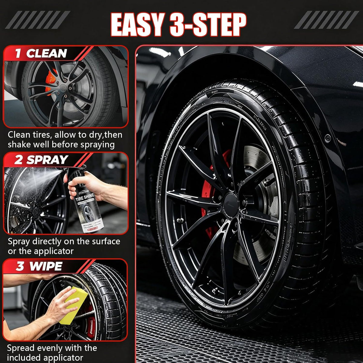 Tire Shine Spray – Deep Black, High Gloss & UV Protection – Fast-Drying, Non-Greasy, Water-Repellent for Cars, Trucks, SUVs, RVs – Includes Pad & Towel, 3.4 fl oz