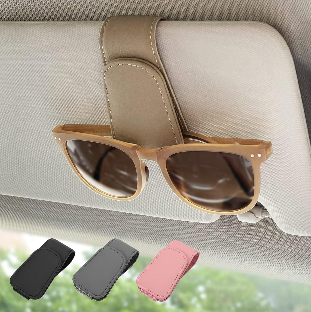 2 Pack Magnetic Leather Sunglass Holder, Eyeglass Hanger Clip for Car Sun Visor, Suitable for Different Size Eyeglasses(Black, 2 Pack)