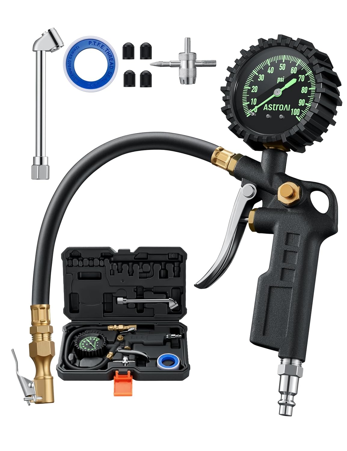 AstroAI Tire Pressure Gauge with Inflator, 100 PSI-ANSI B40.1 Accurate, Large 2.5" Easy Read Glow Dial, Heavy Duty Air Chuck and Compressor Accessories with Rubber Hose and Quick Connect Coupler