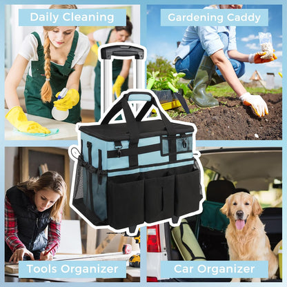 SCAVATA Rolling Cleaning Caddy Bag with Detachable Trolley, Large Cleaning Supplies Organizer with Wheels, Multi Pocket Cleaning Cart with Adjustable Shoulder Strap for Housekeepers & Home Use, Black