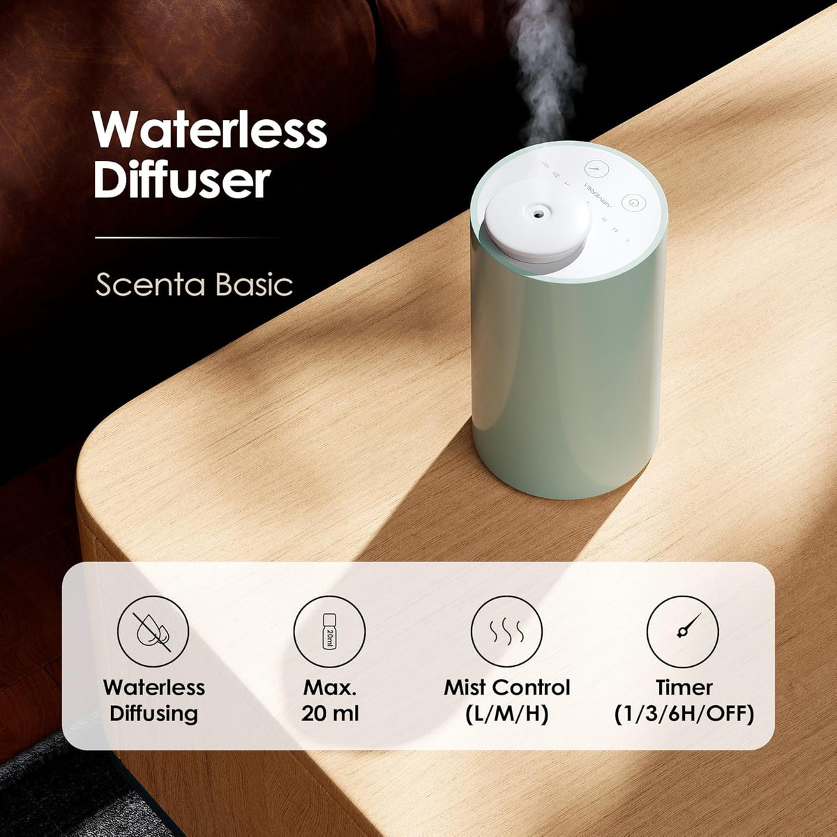 Airversa Waterless Diffuser for Essential Oil, Car Diffsuer, Battery Operated Nebulizer, 0.7 Fl Oz/ 20mL, Mini Scent Air Machine, 3 Timers & 3 Mist Levels for Home, Room, Car, Office - AN6 Black