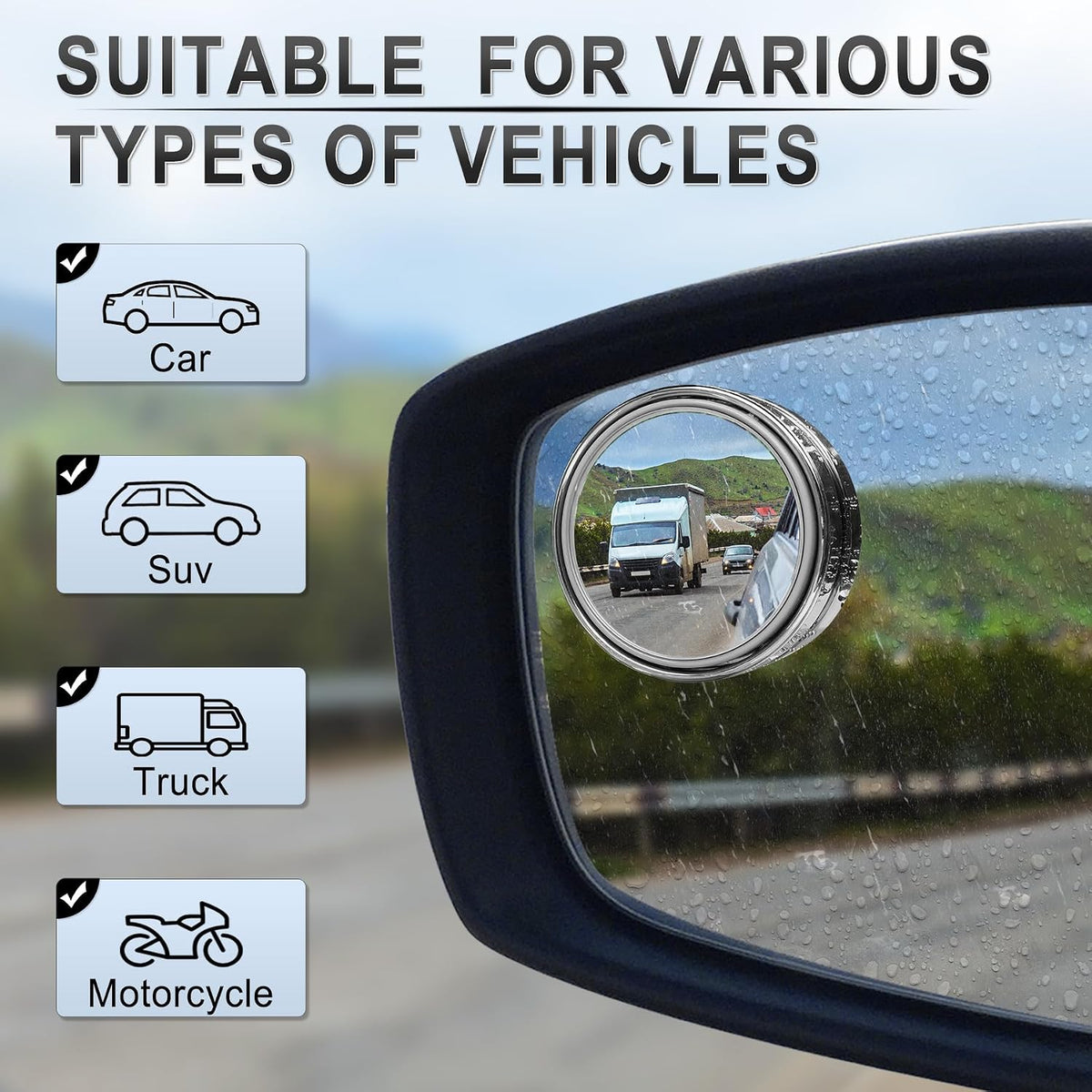 LivTee 2PCS Round Blind Spot Mirror, HD Glass and ABS Housing Convex Wide Angle Rearview Mirror with Adjustable Stick for Universal Car, Black