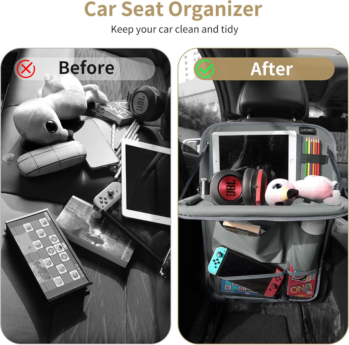 LUCMO Car Backseat Organizer with Tablet Holder,6 Storage Pockets Car Storage Organizer with Foldable Food Tray,Protectors Kick Mats Travel Accessories-Black