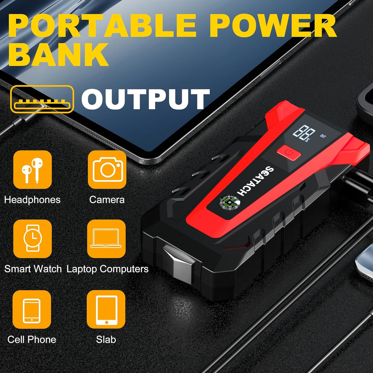 Scatach 3000A Car Battery Jump Starter,12V Jump Starter Battery Pack Portable (up to 9.0L Gasoline and 7.0L Diesel Engine), Jump Box with 3 Modes Flashlight and Jumper Cables