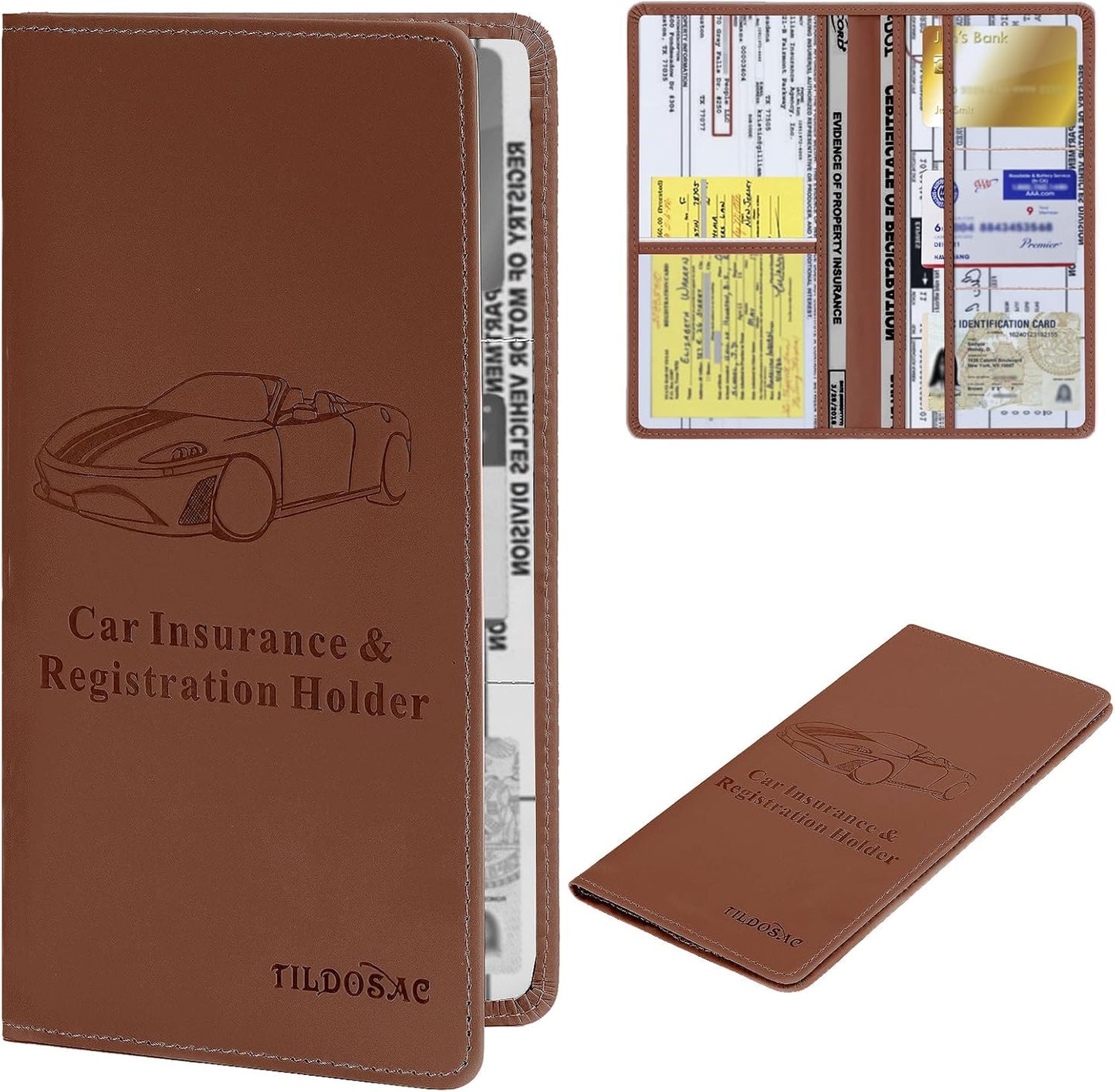 TILDOSAC Leather Car Registration and Insurance Card Holder, Car Document Holder for Cards License with Magnetic Shut (Black, large)