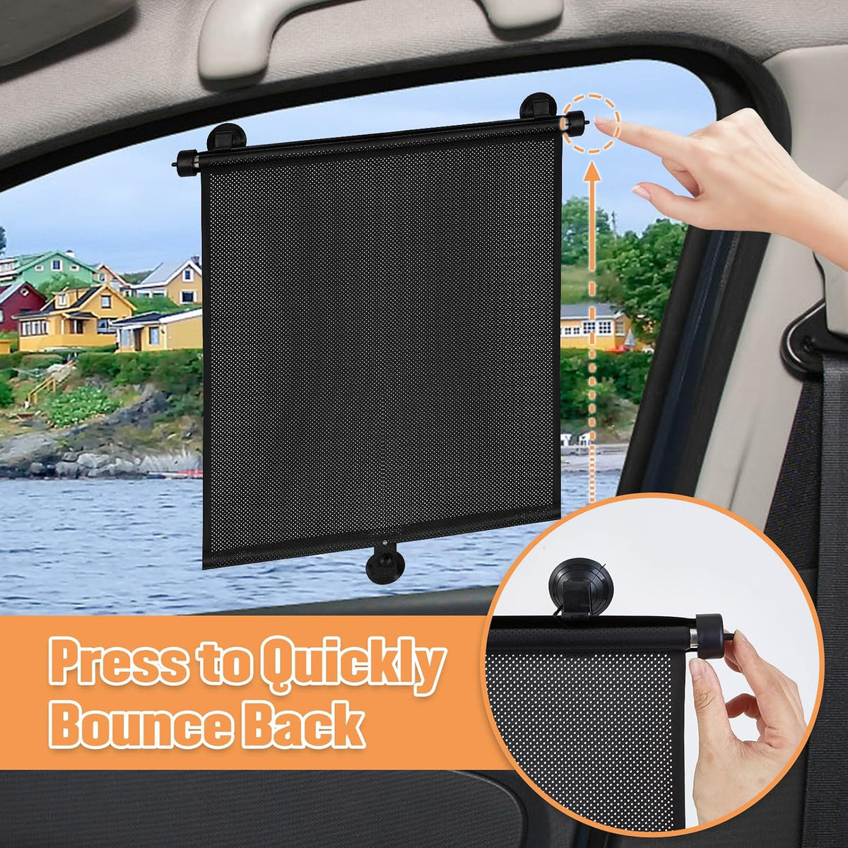 2 Pack Car Side Window Sun Shade - Retractable Car Roller Sunshadewith Reinforced Suction Cups, Drop Down UV Interior Sunshade, Stroller Window Sunshade (15" x 17")