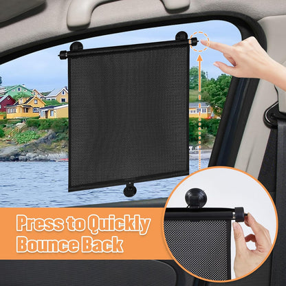2 Pack Car Side Window Sun Shade - Retractable Car Roller Sunshadewith Reinforced Suction Cups, Drop Down UV Interior Sunshade, Stroller Window Sunshade (15" x 17")