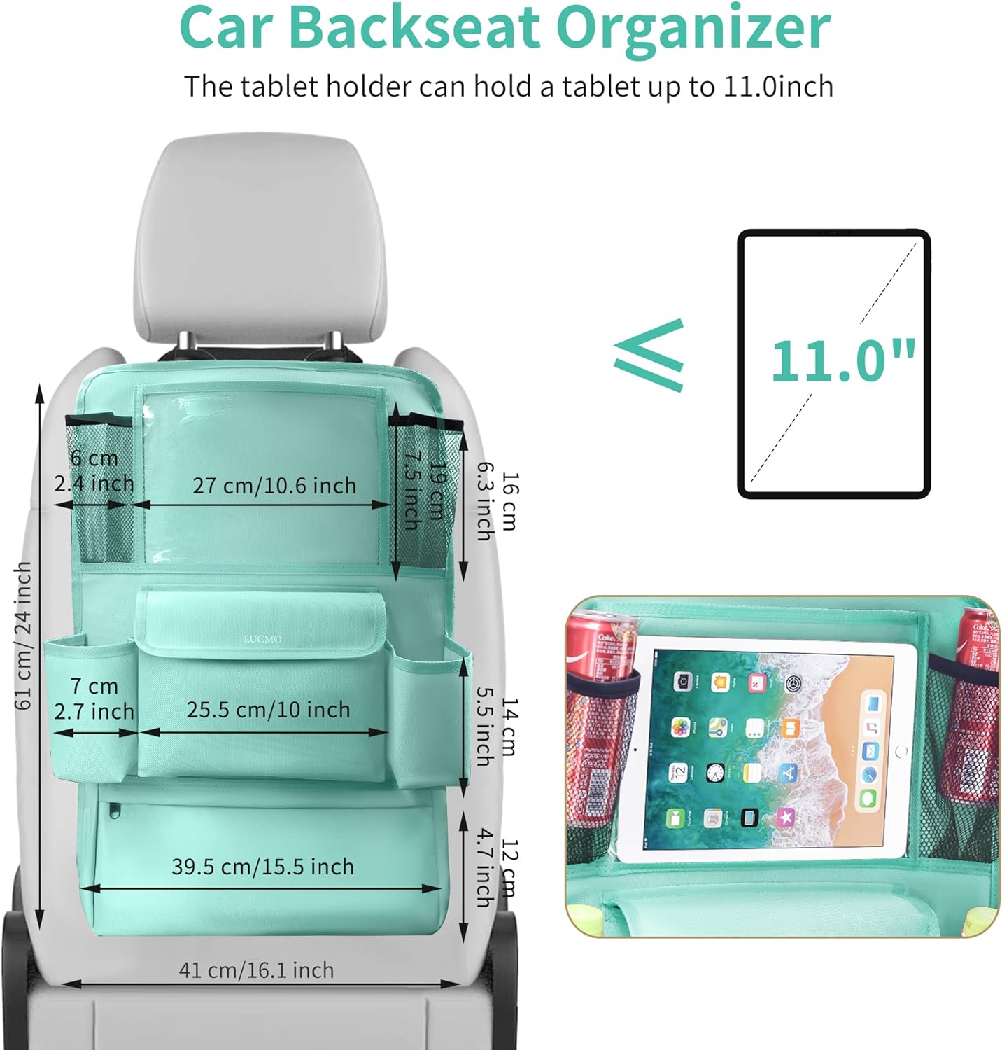 LUCMO Car Backseat Organizer with Tablet Holder,6 Storage Pockets Car Storage Organizer with Foldable Food Tray,Protectors Kick Mats Travel Accessories-Black