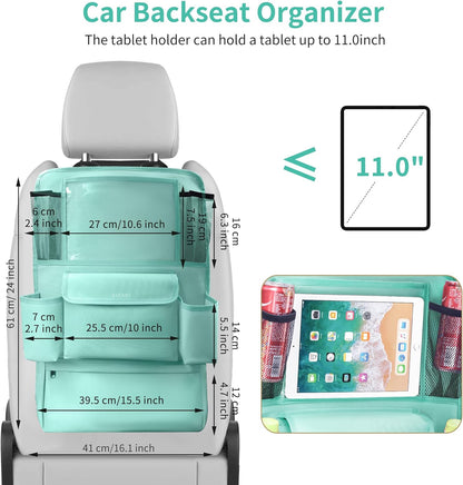 LUCMO Car Backseat Organizer with Tablet Holder,6 Storage Pockets Car Storage Organizer with Foldable Food Tray,Protectors Kick Mats Travel Accessories-Black