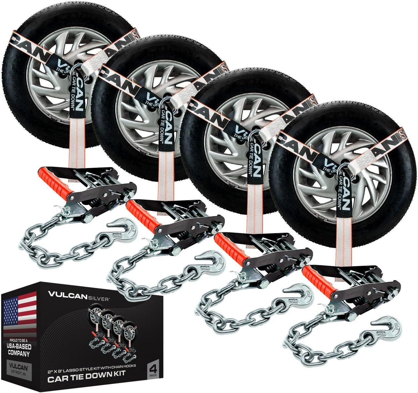 VULCAN Car Tie Down with Flat Hooks - Lasso Style - 2 Inch x 96 Inch - 4 Pack - Silver Series - 3,300 Pound Safe Working Load