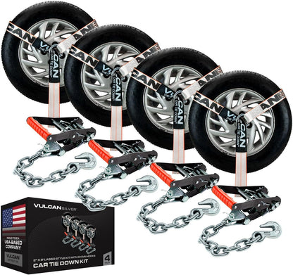 VULCAN Car Tie Down with Flat Hooks - Lasso Style - 2 Inch x 96 Inch - 4 Pack - Silver Series - 3,300 Pound Safe Working Load