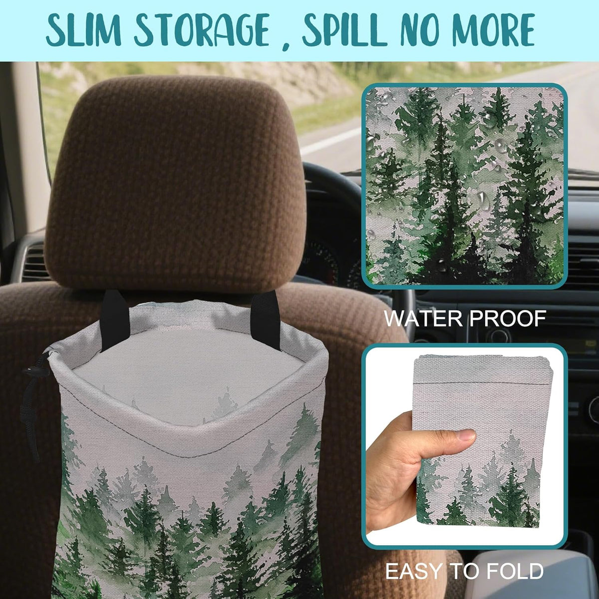 Car Garbage Bag Colorful Floral Spring Daisy Drawstring Car Trash Bag Hanging for Back Seat with Adjustable Buckle Canvas Vehicle Trash Can Easy-to-Install