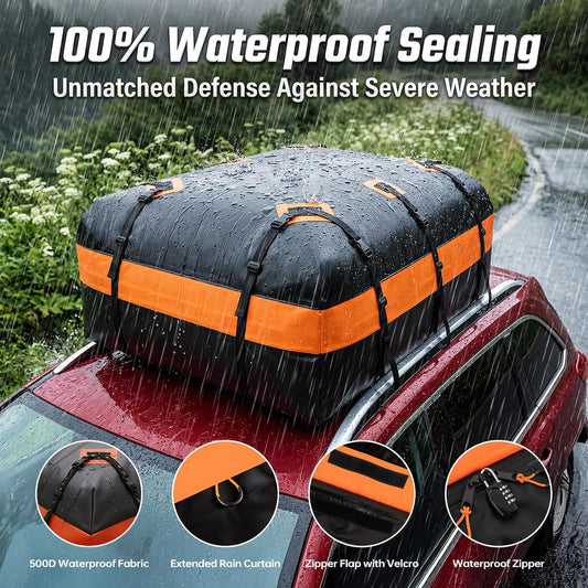Car Rooftop Cargo Carrier Bag, 15 Cubic Feet Waterproof Heavy Duty Roof Bag with 8 Reinforced Straps & Combination Lock, Soft Shell PVC Car Top Luggage Carrier for SUV Truck RV, Travel Camping Storage