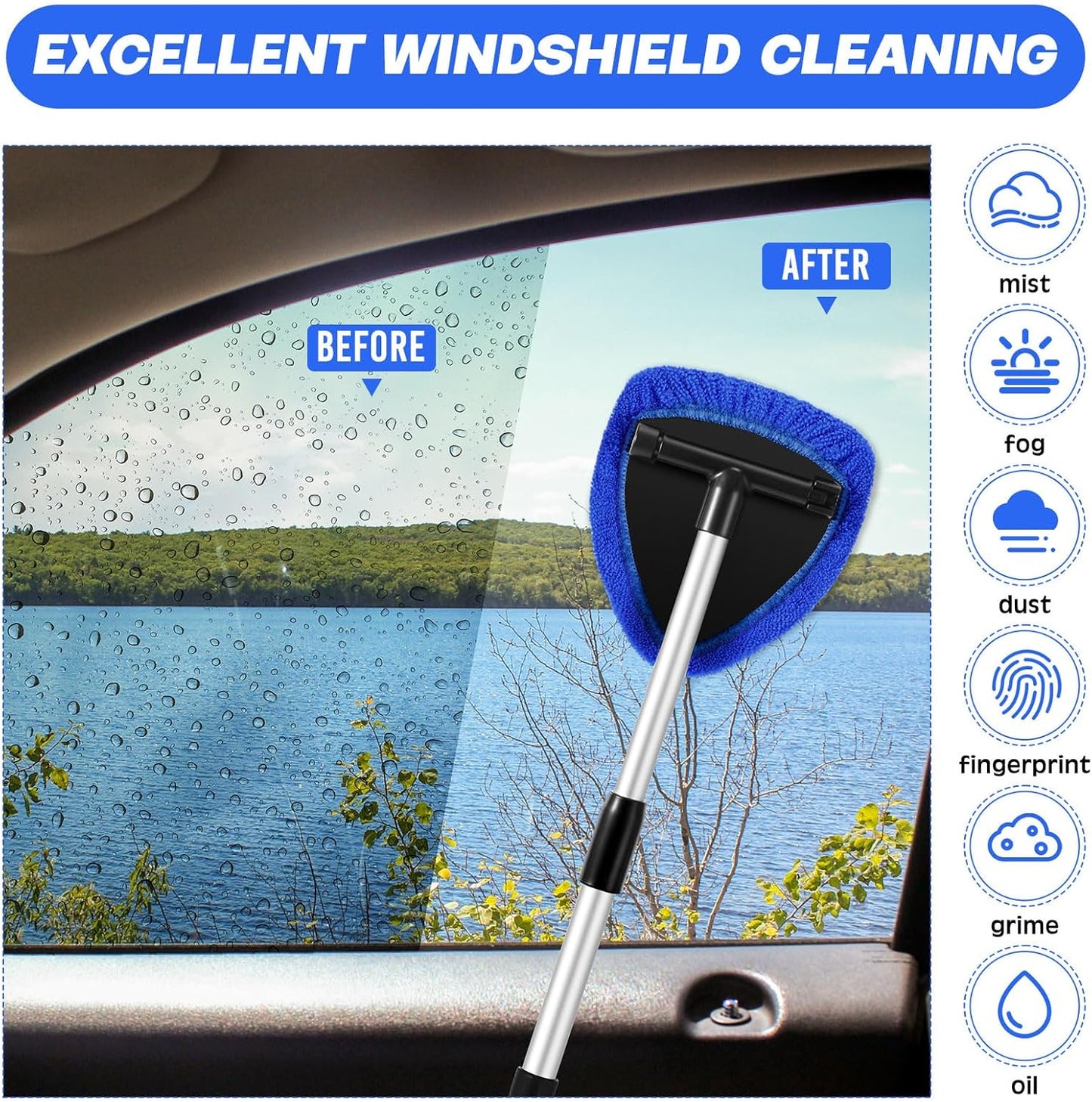 Potchen 8 Pcs Car Windshield Cleaner Tool Kit with Extendable Handle, Microfiber Towel Pads, Brush, Empty Spray Bottle for Auto Glass Wiper Suvs Rvs & Home Windows(Purple)