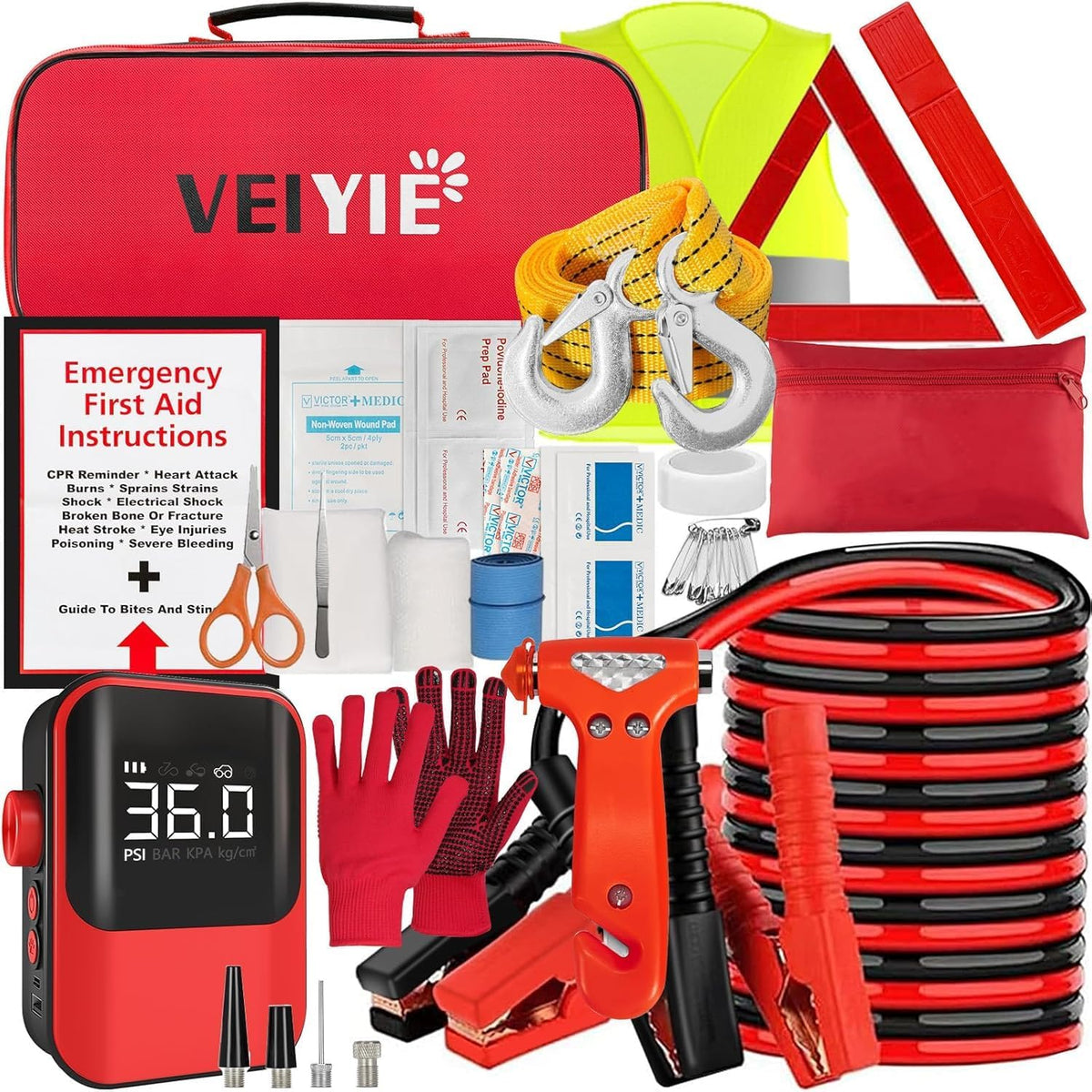 Roadside Car Emergency Kit, Winter Car Safety Kit with 10FT Jumper Cables, Tow Strap, Tool Kit, Reflective Warning Triangle, Road Trip Essentials, for New Drivers, Teens