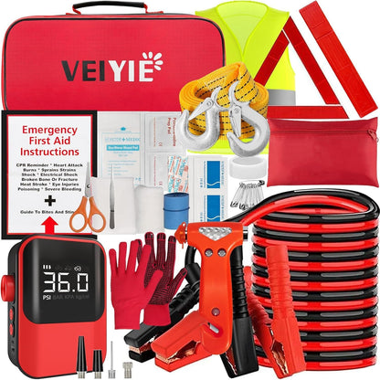 Roadside Car Emergency Kit, Winter Car Safety Kit with 10FT Jumper Cables, Tow Strap, Tool Kit, Reflective Warning Triangle, Road Trip Essentials, for New Drivers, Teens