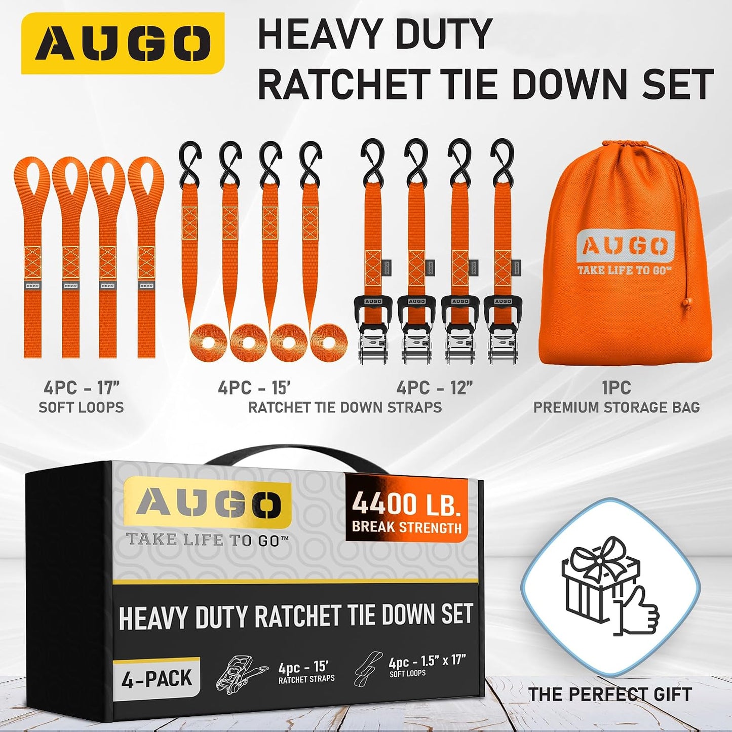 AUGO Ratchet Straps Heavy Duty 4 Pack -15 FT - 2200 LB Break Strength – with Safety Lock S Hooks - Cargo Straps for Moving, Appliances, Motorcycle – Soft Loop Tie Down Straps