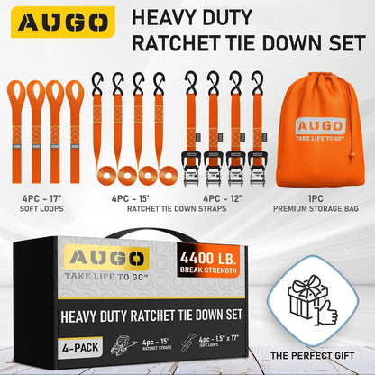 AUGO Ratchet Straps Heavy Duty 4 Pack -15 FT - 2200 LB Break Strength – with Safety Lock S Hooks - Cargo Straps for Moving, Appliances, Motorcycle – Soft Loop Tie Down Straps