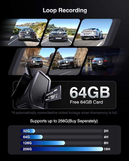 4K+2K+2K 3 Channel Dash Cam Front and Rear, 128GB Card Included, Dash Camera for Cars 5.8G/2.4G Dual Wifi, Built-in GPS, Night Vision, WDR, 170°Wide Angle, G-Sensor Emergency Lock, 24H Parking Monitor