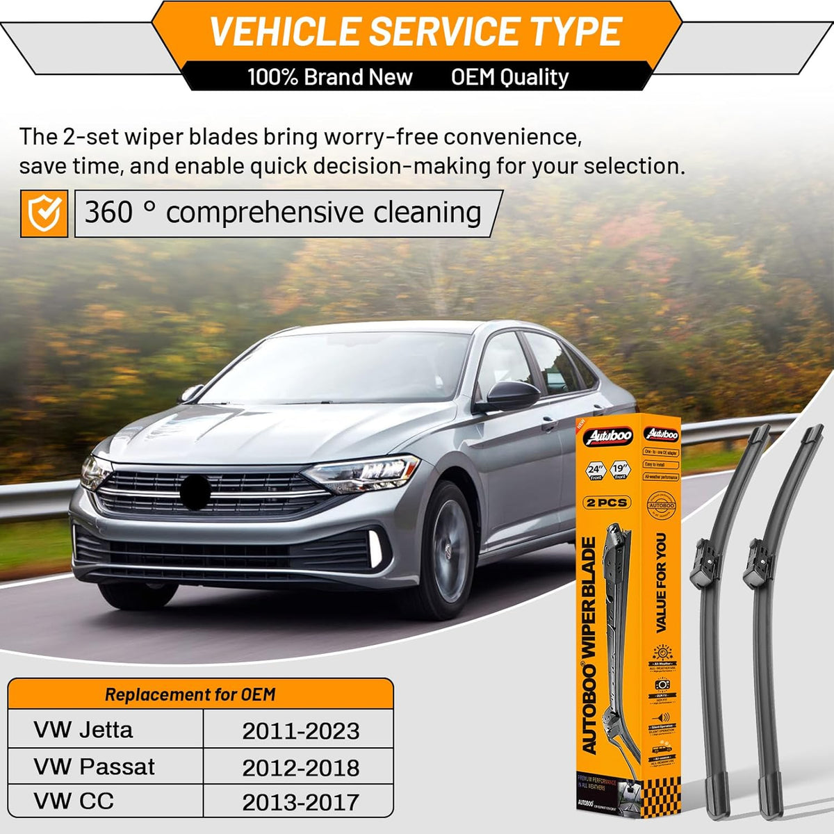 OEM Windshield Wipers Replacement for VW Volkswagen Jetta CC Passat Wiper Blades 2011 2012 2013 2014 2015 2016 2017 2018 2019-2023 -Original Factory Quality 24 and 19 inch (Set of 2) Top Lock 16mm