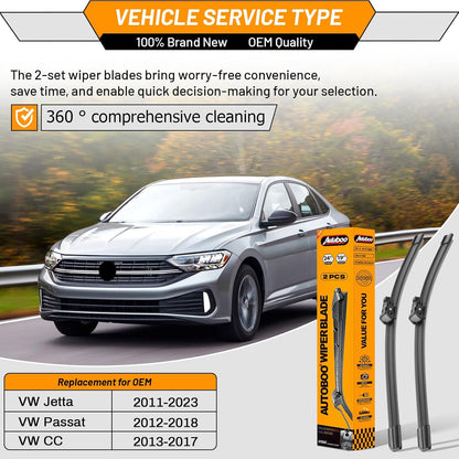 OEM Windshield Wipers Replacement for VW Volkswagen Jetta CC Passat Wiper Blades 2011 2012 2013 2014 2015 2016 2017 2018 2019-2023 -Original Factory Quality 24 and 19 inch (Set of 2) Top Lock 16mm