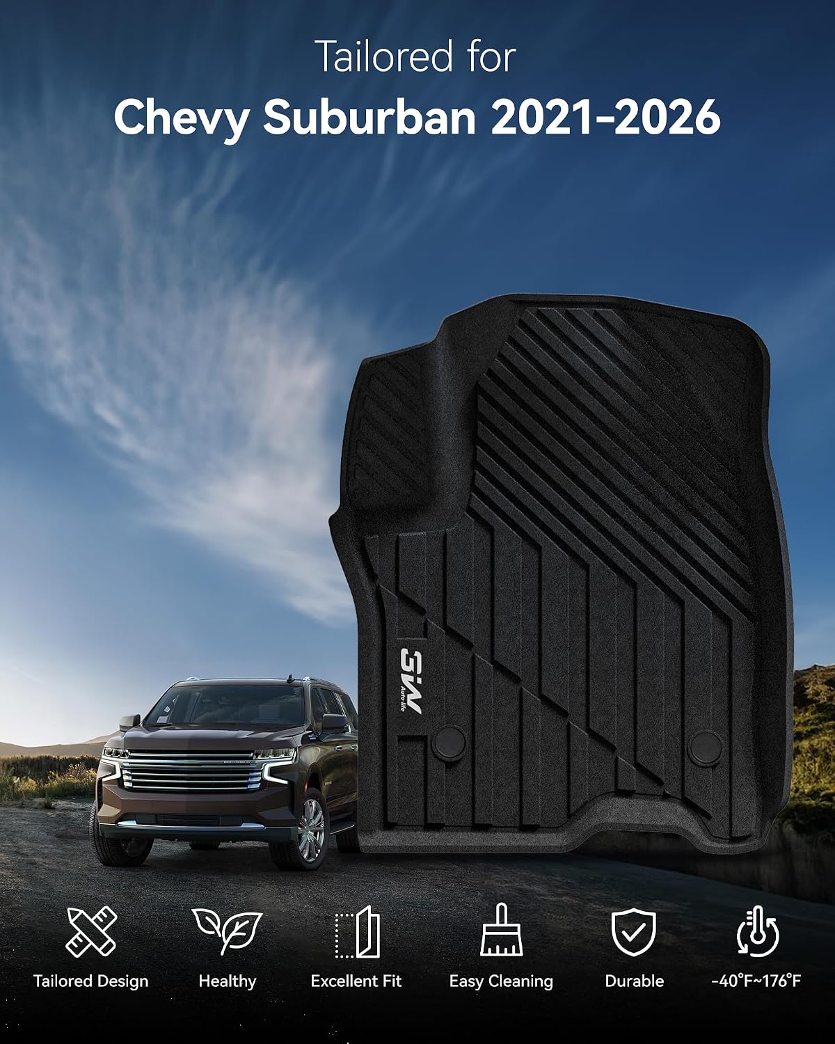 3W Floor Mats & Cargo Liner Fit for 2021 2022 2023 2024 2025 2026 Chevy Tahoe/GMC Yukon/Cadillac Escalade 7 Seat, TPE All Weather Custom Fit Car Accessories Heavy Duty Rubber Full Set Trunk Mats - Colors B