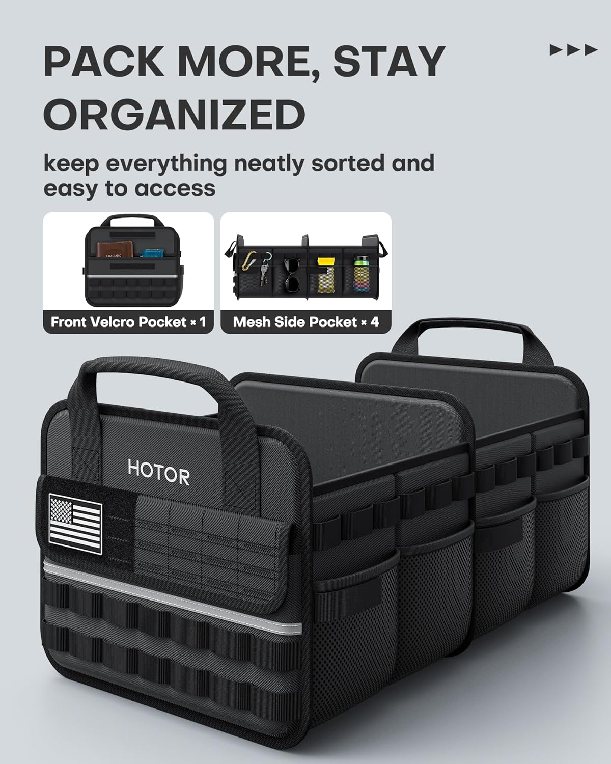 HOTOR Tactical Car Trunk Organizer - Foldable Trunk Organizer for SUV with Front MOLLE Pocket & Reflective Strips, Essential Car Accessories for Tools & Outdoor Storage, 12.8" x 21.7" x 11.0", Black