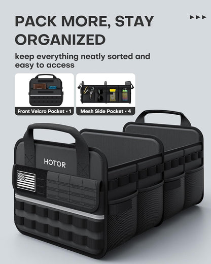 HOTOR Tactical Car Trunk Organizer - Foldable Trunk Organizer for SUV with Front MOLLE Pocket & Reflective Strips, Essential Car Accessories for Tools & Outdoor Storage, 12.8" x 21.7" x 11.0", Black