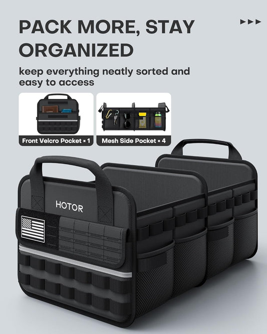 HOTOR Tactical Car Trunk Organizer - Foldable Trunk Organizer for SUV with Front MOLLE Pocket & Reflective Strips, Essential Car Accessories for Tools & Outdoor Storage, 12.8" x 21.7" x 11.0", Black