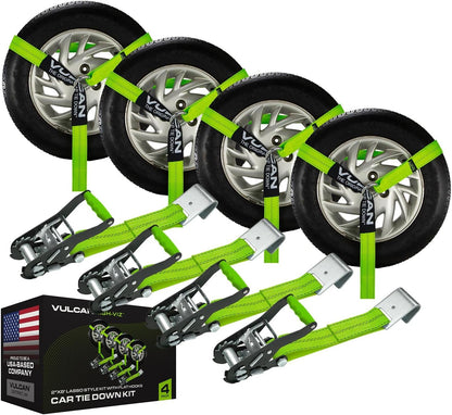 VULCAN Car Tie Down with Flat Hooks - Lasso Style - 2 Inch x 96 Inch - 4 Pack - Silver Series - 3,300 Pound Safe Working Load