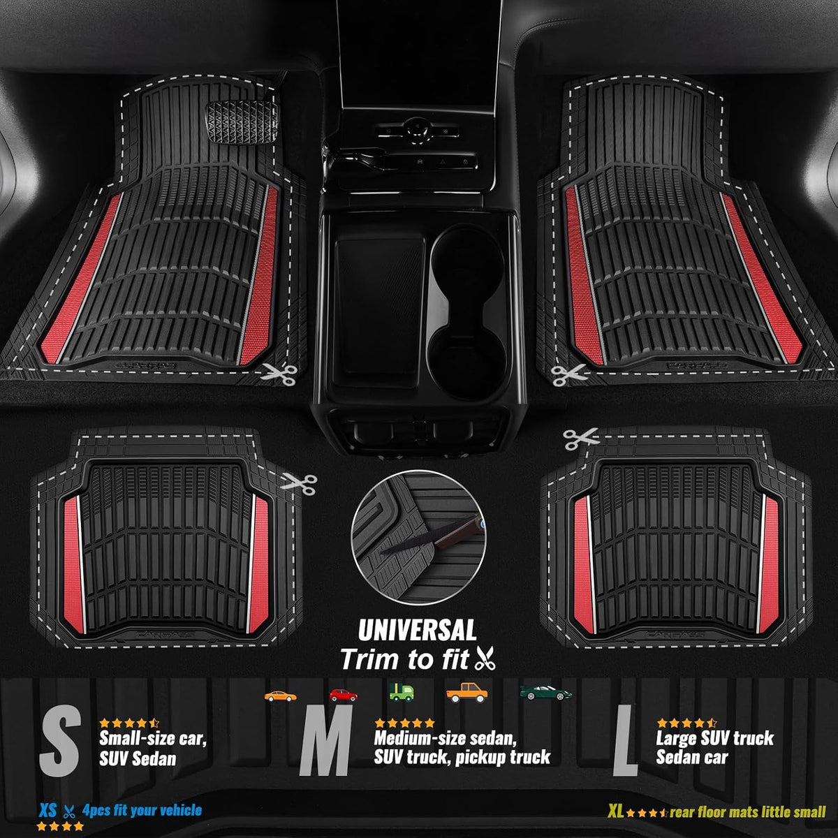 CAR PASS Heavy Duty Rubber Car Floor Mats, Deep Waterproof Car Floor Mats All Weather, Aluminum Film Floor Mats for Cars Non-Slip Universal Trim to Fit for SUVs Trucks Sedans Vans, Black Grey Metallic
