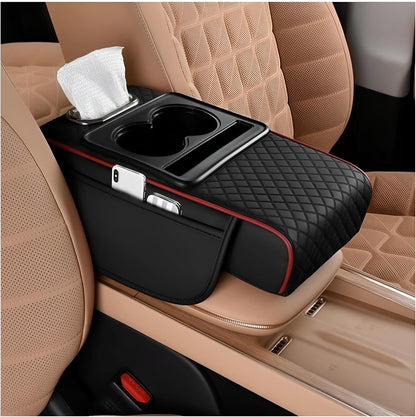 Zpana Car Center Console Armrest Pillow, Memory Foam Leather 4 in 1 Vehicle Arm Rest Cover with Tissue Box 2 Side Storage Bag Cup & Phone Holder, Auto Armrest Cushion, Universal Fit (Black)