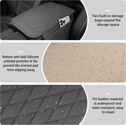 Amiss Car Center Console Cover, Upgraded Leather Car Armrest Cushion with 2 Storage Pockets, Universal Waterproof Cushion Pad, Non-Slip Car Interior Accessories, Fits Most Sedans SUVs Trucks (Black)