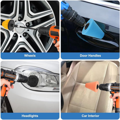 Linkstyle 5PCS Drill Polishing Ball Set, Car Wheel Polisher Sponge Pad Kit with Long Extension Pole & Cleaning Brush, Buffing Ball for 1/4" Hex Drill, Car Rim and Metal Surface Polishing Tool
