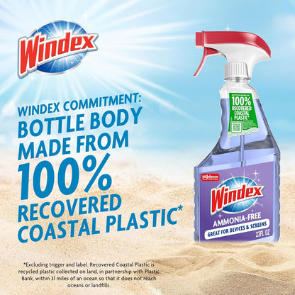 Windex Glass and Window Cleaner Spray Bottle, Ammonia Free, Packaging Designed to Prevent Leakage and Breaking, Surface Cleaning Spray, Crystal Rain Scent, 23 Fl Oz