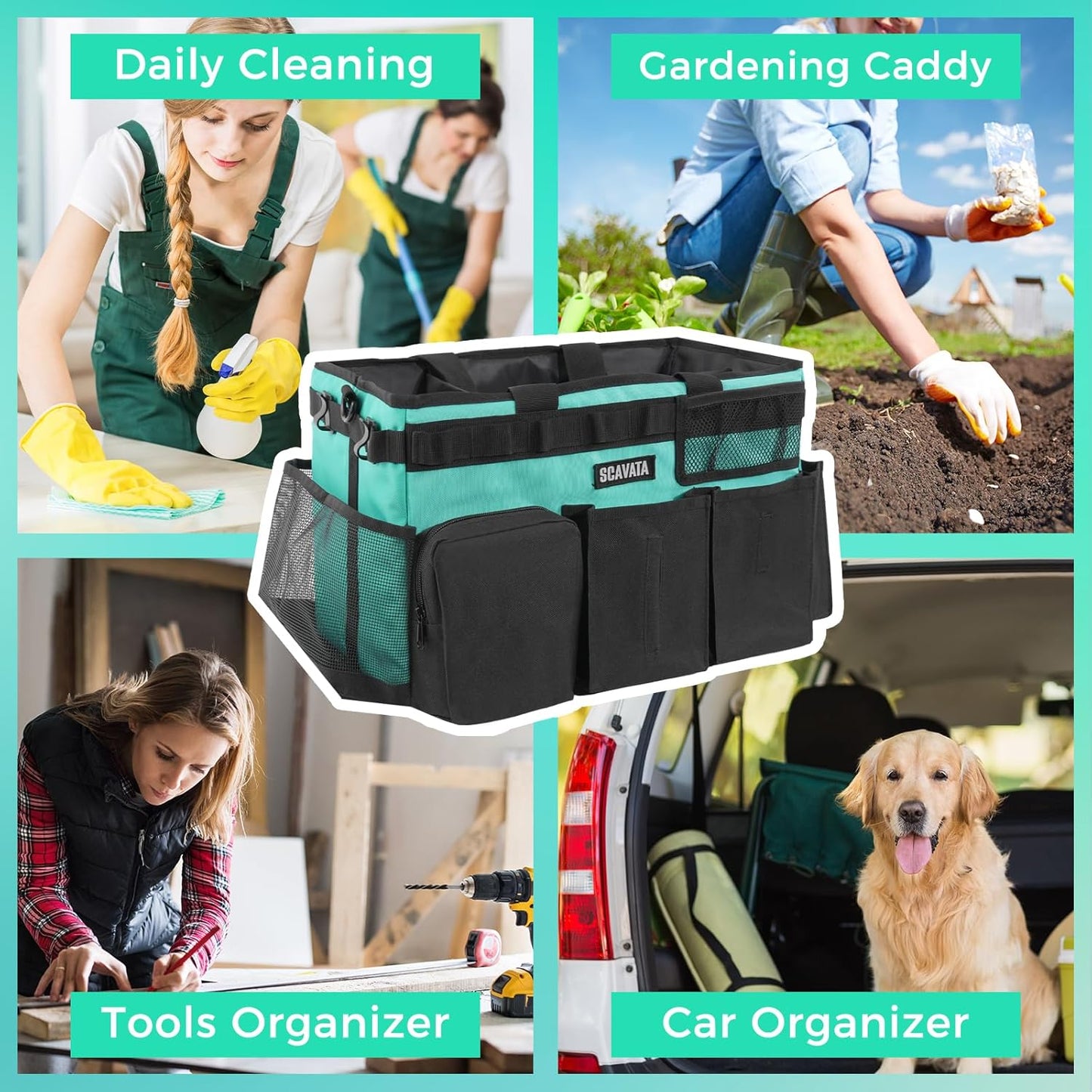 SCAVATA Wearable Cleaning Caddy Bag, Supplies Organizer with Handle & Shoulder Straps for Housekeepers, Under Sink & Car Cleaning Tool Organizer with 4 Foldable Dividers (Black)