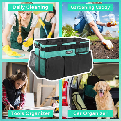 SCAVATA Wearable Cleaning Caddy Bag, Supplies Organizer with Handle & Shoulder Straps for Housekeepers, Under Sink & Car Cleaning Tool Organizer with 4 Foldable Dividers (Black)