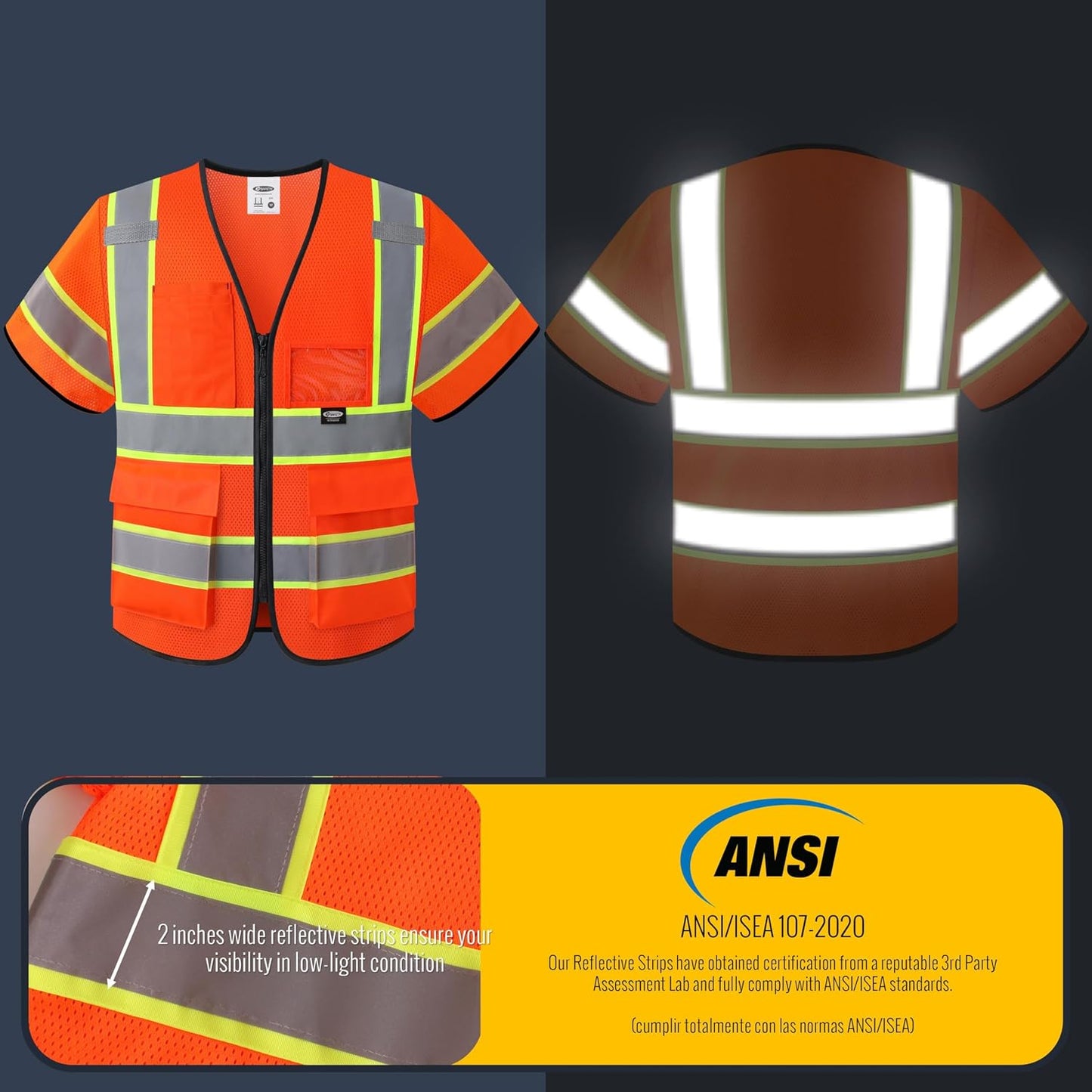JKSafety Safety Vest for men women Hi Vis Reflective Vest with Pockets and Zipper High Visibility Meet ANSI Standard（BX320