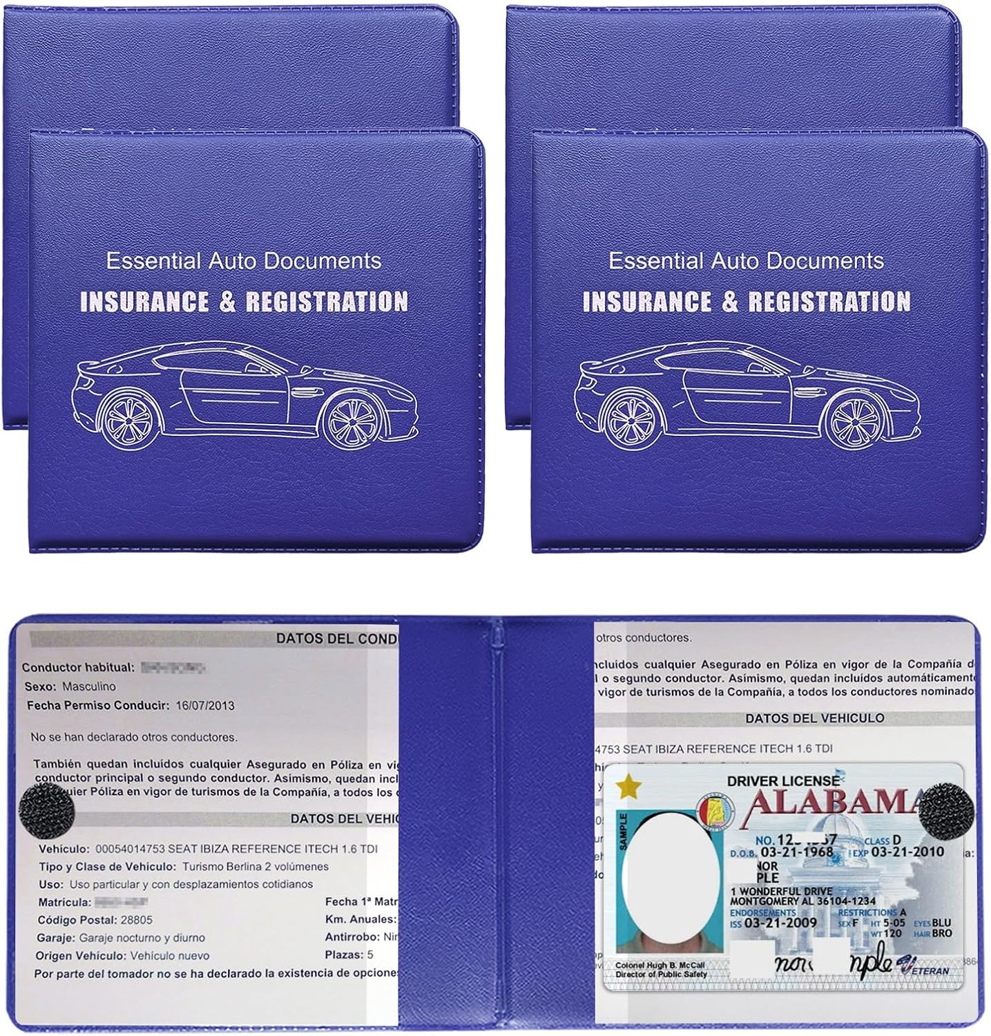 Yourkar 4PCS Car Registration Insurance Holder, Vehicle Glove Box Car Organizer with Magic Tape Closure, Driver License Keeper for Cars, Car Accessories (Big Car, Blue