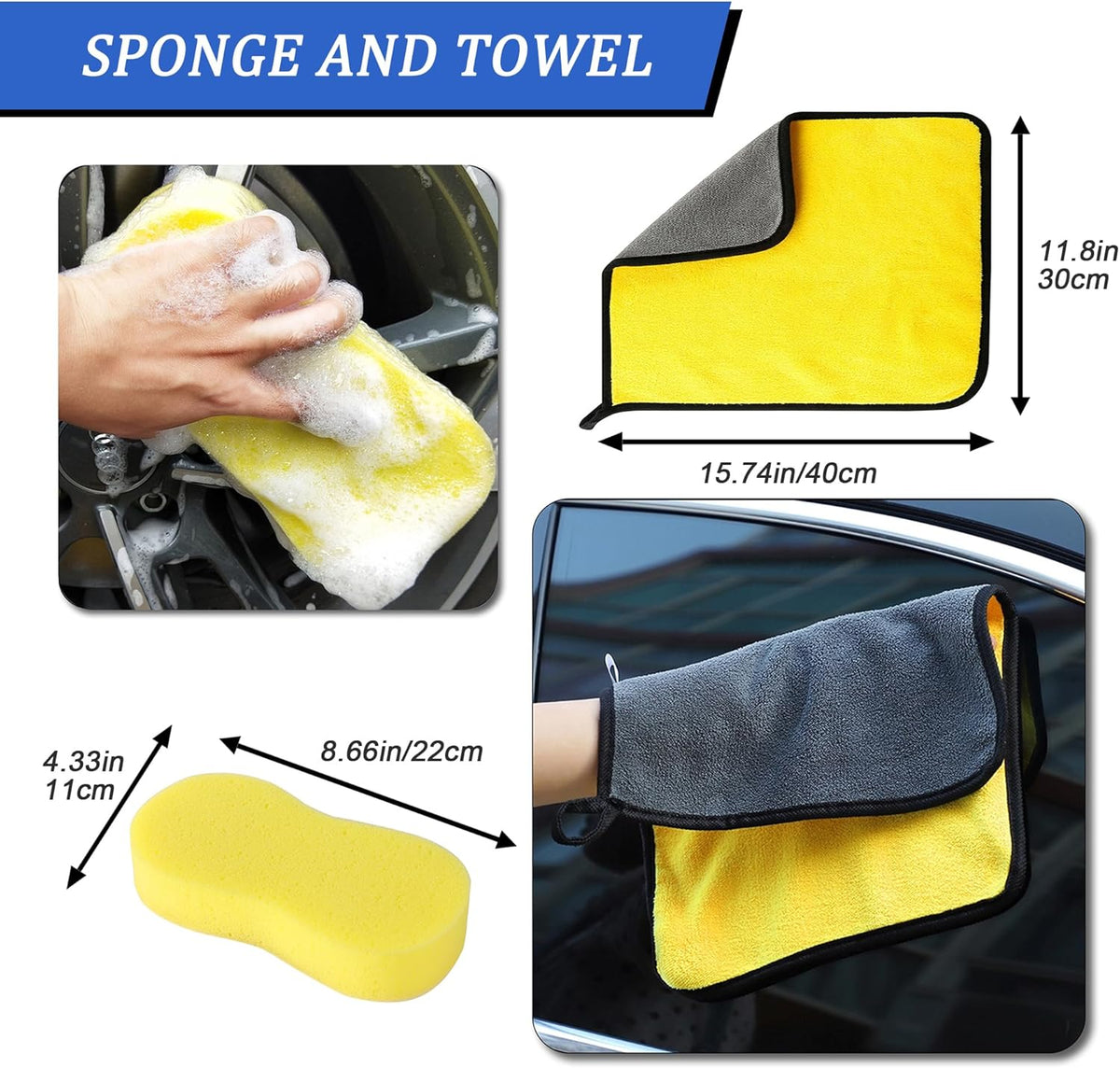 Foam Gun Car Wash Sprayer + Washing Sponge & Absorbent Towel, Hose Nozzle Foam Cannon Car Washing Kit, for Garden Cleaning, Pet Showering (Blue)
