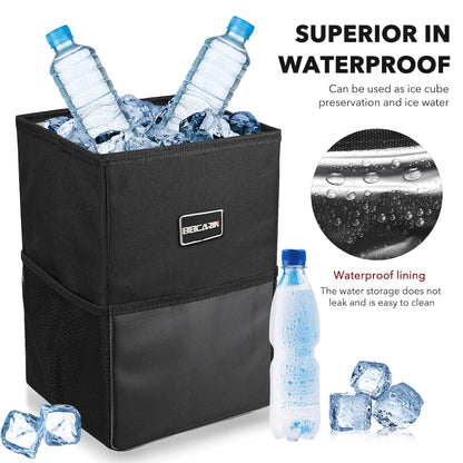 Car Trash Can with Lid - Trash Bag Hanging with Storage Pockets Leak-Proof SUV Organizer Collapsible and Portable Waterproof Truck Garbage Bin, 2.6 Gal Large Capacity Multipurpose Trash Bin for Van