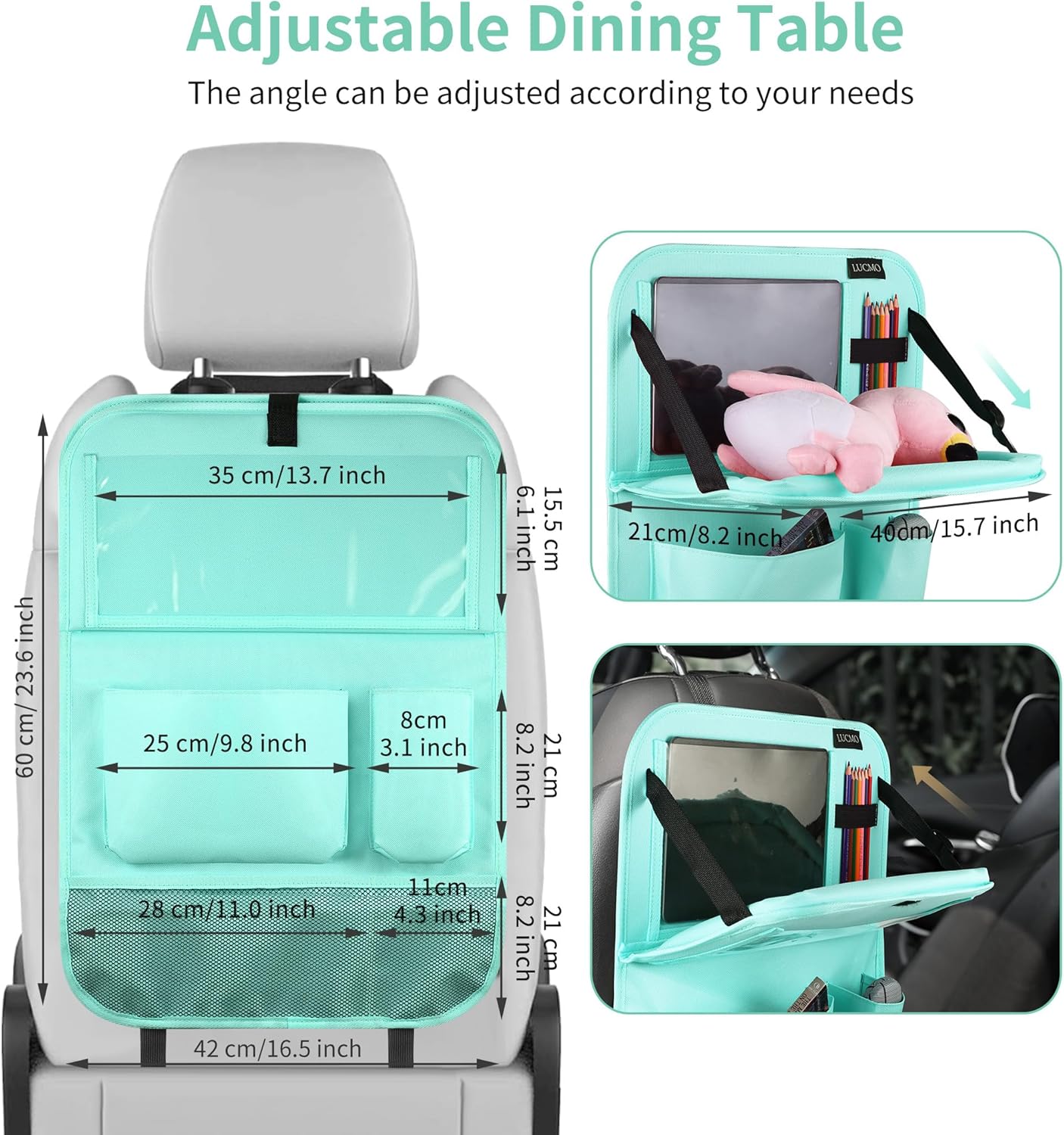 LUCMO Car Backseat Organizer with Tablet Holder,6 Storage Pockets Car Storage Organizer with Foldable Food Tray,Protectors Kick Mats Travel Accessories-Black