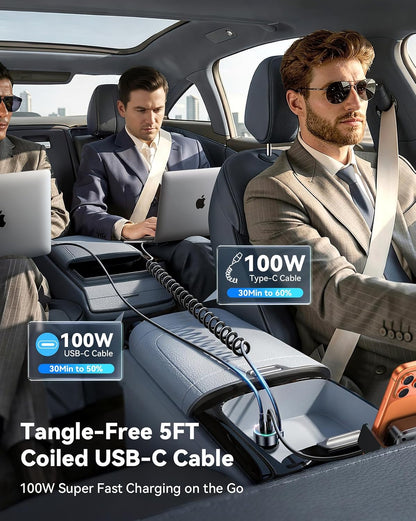 200W Car Charger USB C Fast Charge, PD100W Fast Car Charger Type C, PD3.0/QC4.0/PPS Cigarette Lighter Phone Adapter for iPhone 17 16 15 ProMax, MacBook Pro Air Laptop, Samsung S26/S25, Pixel, iPad Pro