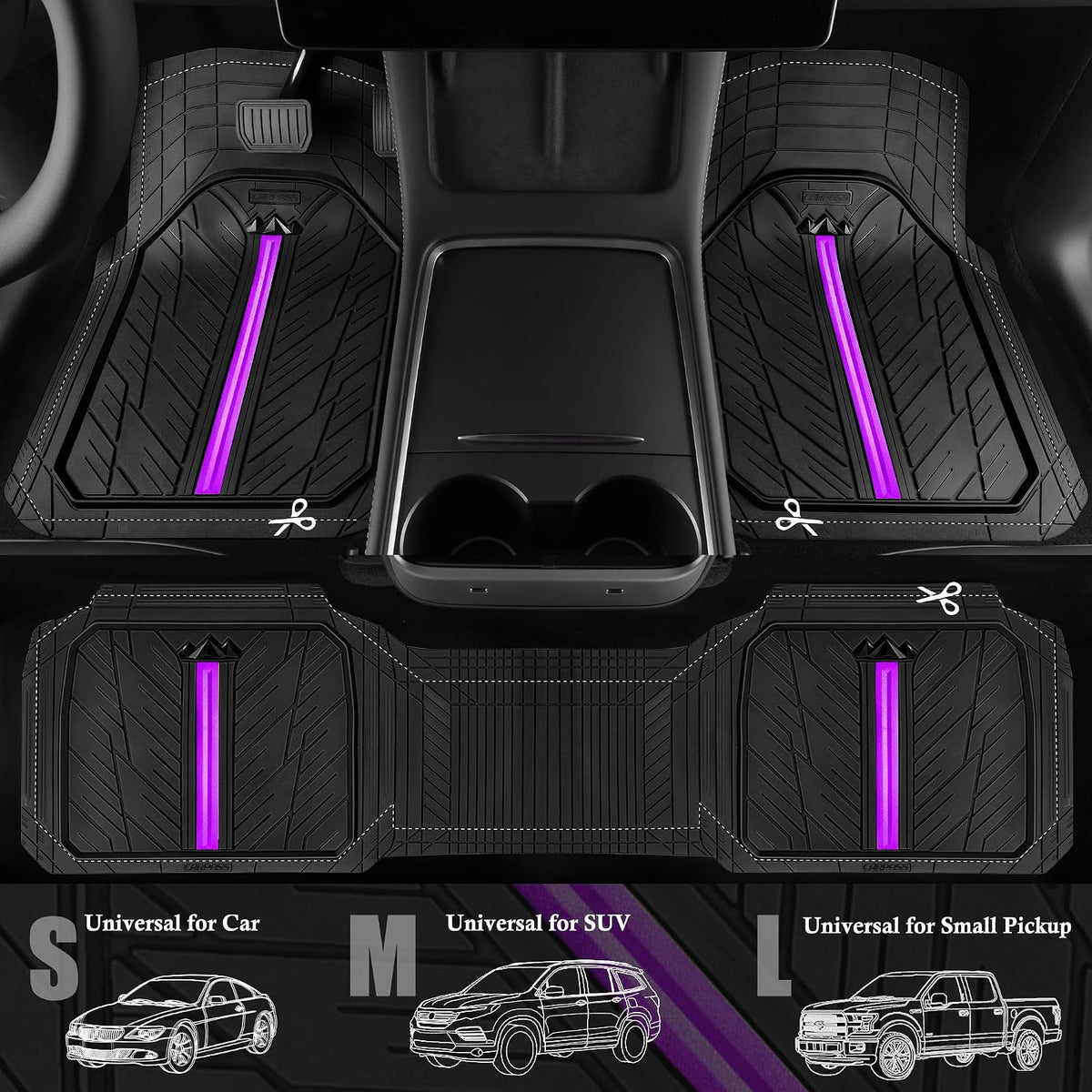 CAR PASS Heavy Rubber Car Floor Mats, Deep Waterproof Car Mats All Weather, Universal Trim-to Fit Automotive Floor Mats for Car SUV Truck Van, Durable Floor Liners Solid Black