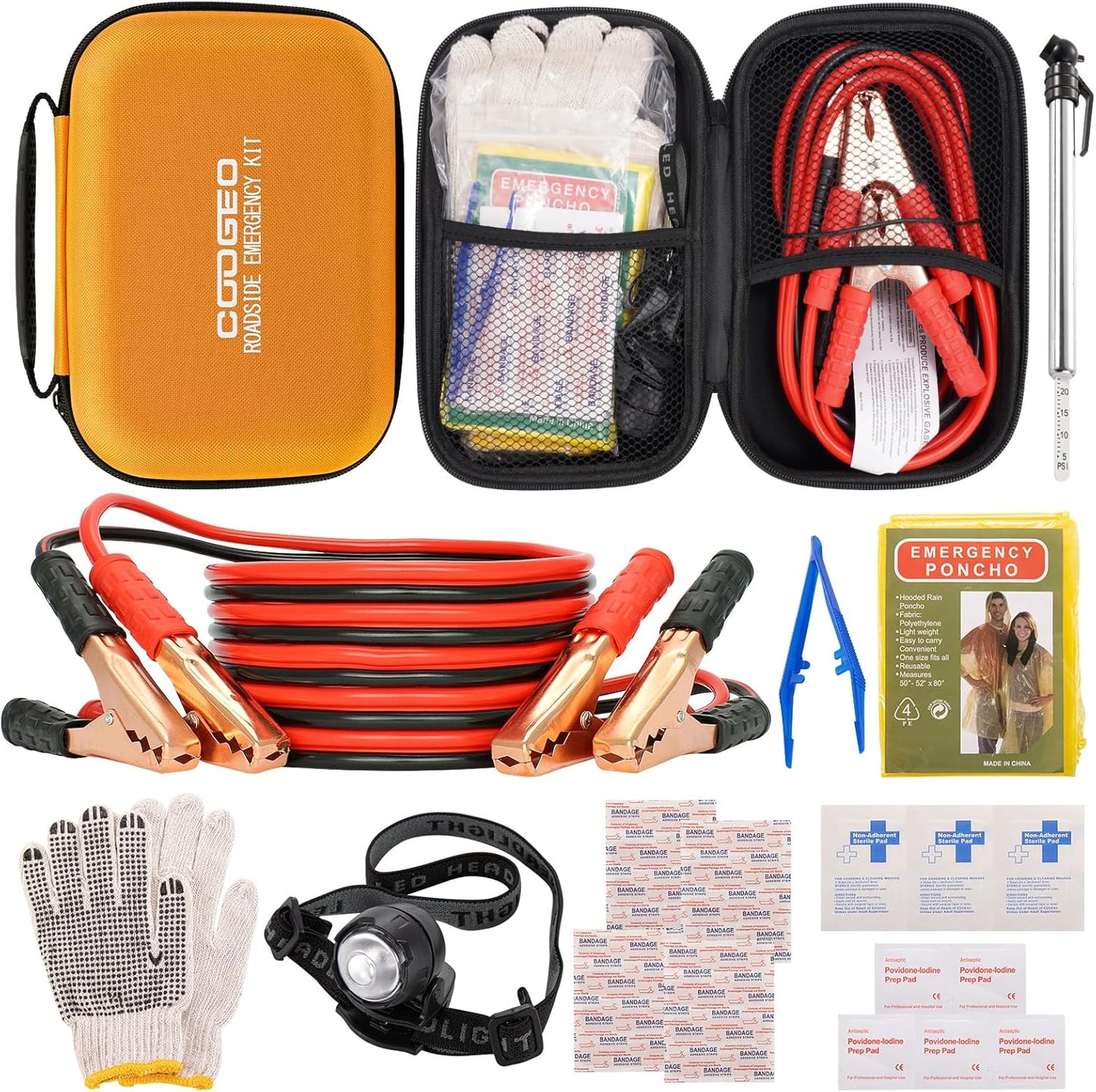 Car Roadside Emergency Kit with Battery Jumper Cables,Car Accessories for Men or Women,Automotive Safety Kit for Car,Vehicle, Truck or SUV,Gifts for Men or Him,Green