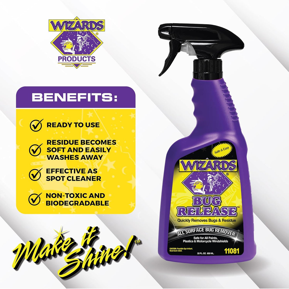 Wizards Bug Release - All Surface Bug Remover and Wash for All Vehicles - Softens and Neutralizes Acidic Bug Protein - Doubles as Spot Cleaner and Pre-Soak Car Cleaner - 22 Fl Oz
