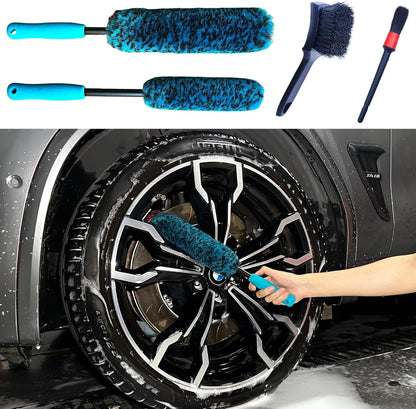 oesee Professional 4 Pack Long Handle Wheel Brush Kit for Cleaning Wheel and Tire- 2X Soft Wheel Cleaning Brush, Detailing Brush and Stiff Tire Brush, Bendable& Durable Wheel Rim Cleaner Brush Set