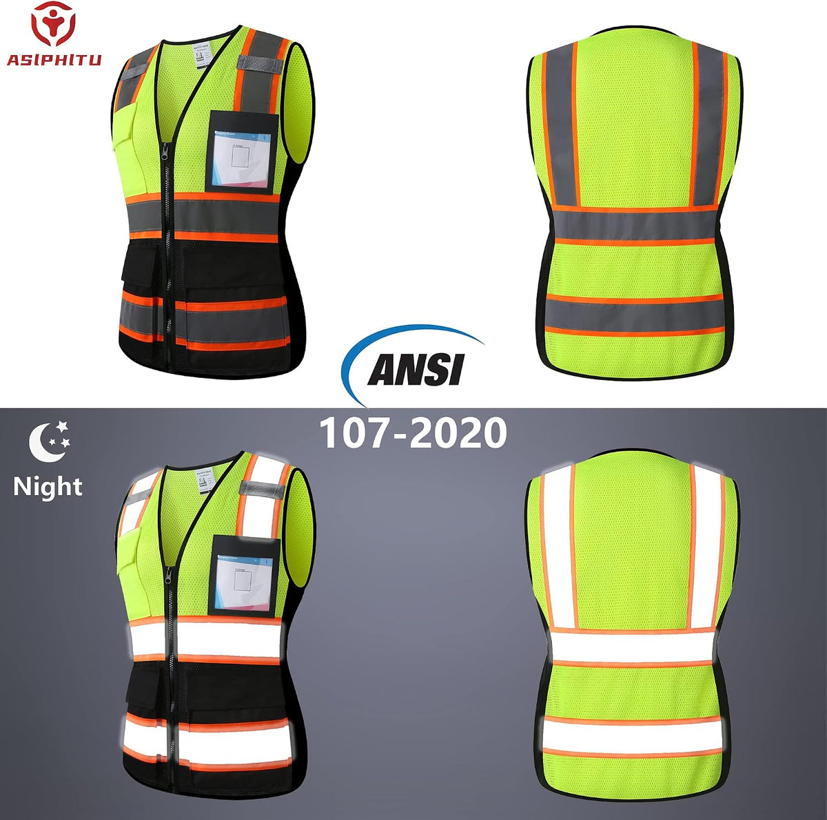 Reflective High Visibility Safety Vest for Men Women with Pockets Zipper Front Meets ANSI/ISEA Standards