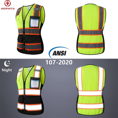 Reflective High Visibility Safety Vest for Men Women with Pockets Zipper Front Meets ANSI/ISEA Standards